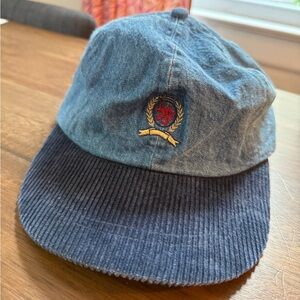 VTG Tommy Hilfiger Corduroy Hat Navy Denim Beige Embroidered Logo Golf Cap